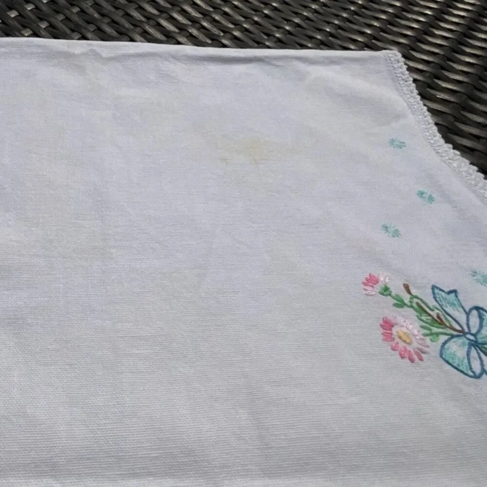Vintage Hand Embroidered Dresser Scarf Blue Bows Floral Crochet Edge Cottagecore